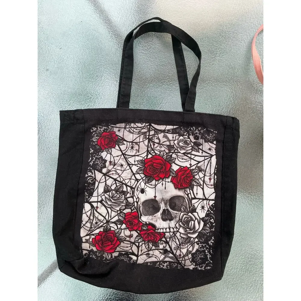 Goth Skull Roses Spiderweb Black Tote Bag